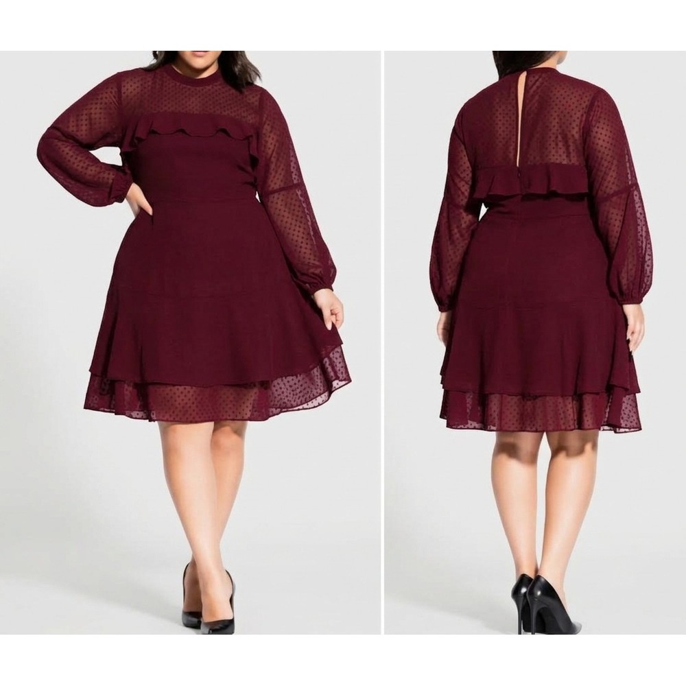 CITY CHiC Dobby Flirt Dress Ruby Swiss Dot Size 20 Chiffon Long Sleeve Mini EUC